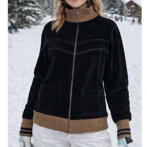 Bogner Fire + Ice Black Fleece Zip Up Jacket Brown Trim Wool Blend Ski Vintage